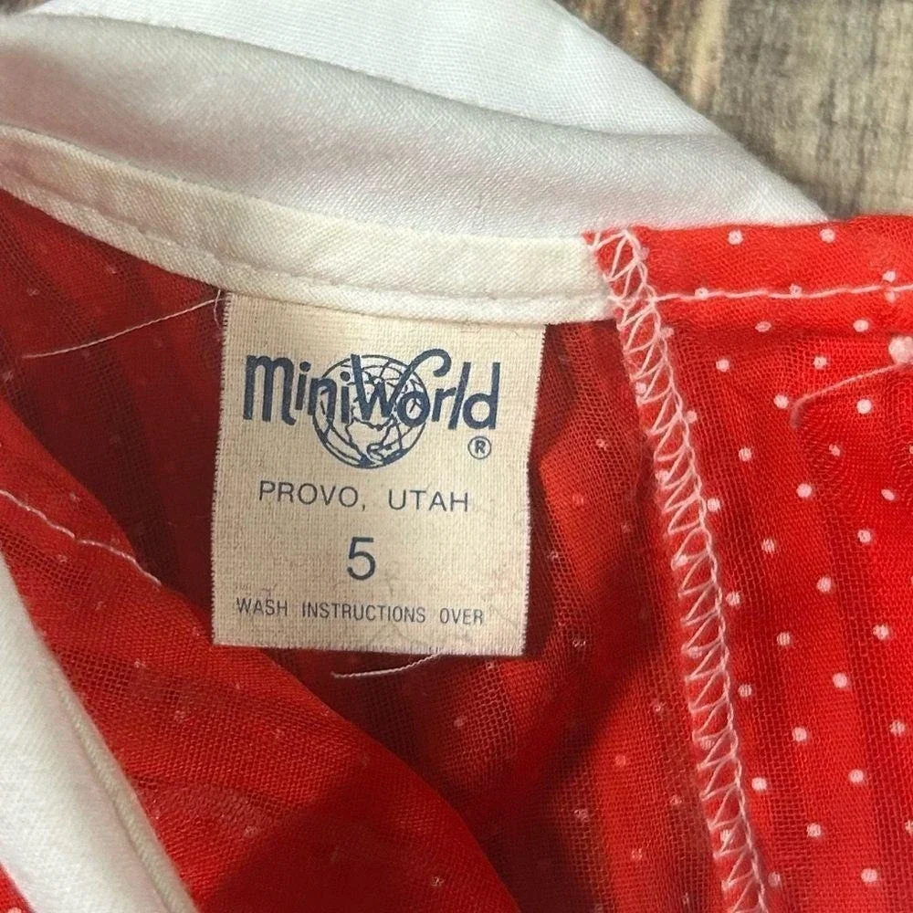 Vintage 70s Mini World Girls Prairie Dress 5 Red Polka Dot Lace Peter Pan Collar